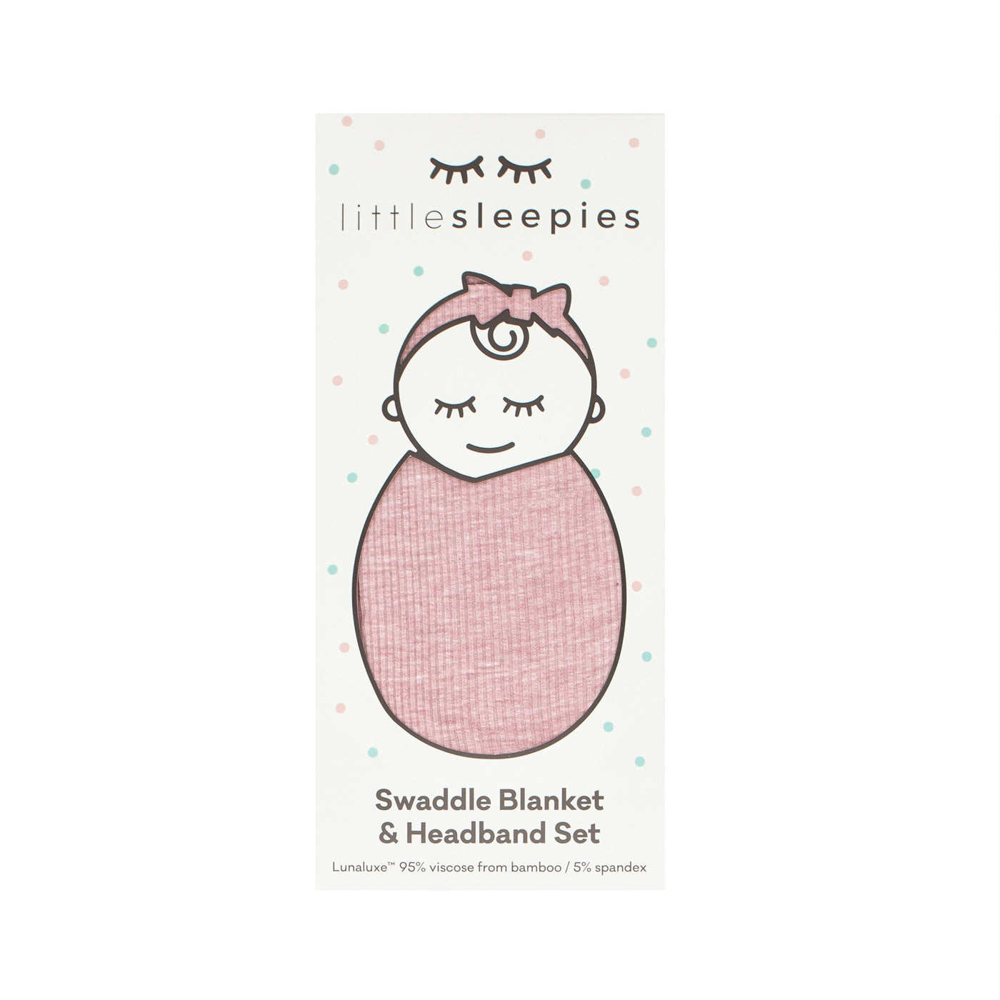 a Heather Mauve Ribbed swaddle and luxe headband set in Little Sleepies peek a boo packaging