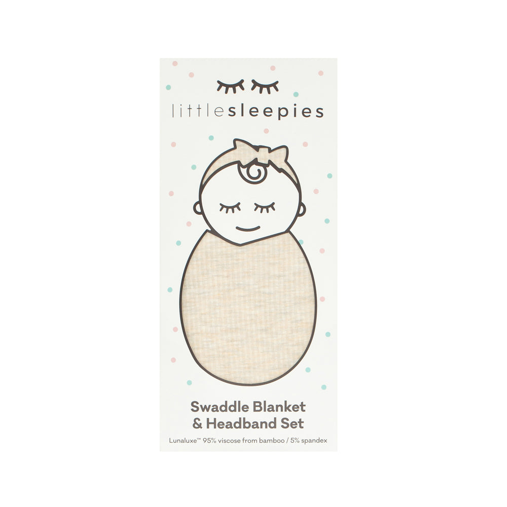 Heather Oatmeal Ribbed swaddle and luxe headband set in Little Sleepies peek a boo packaging