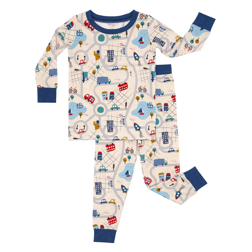 Click to see full screen - Flat lay image of Blue Road Trip two piece pajama set