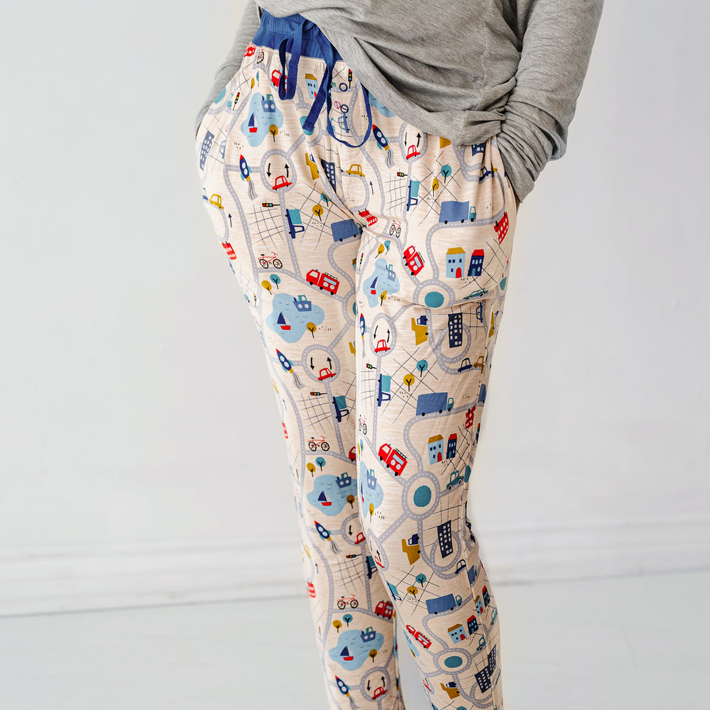 Click to see full screen - Close up image of a woman wearing Blue Road Trip women's pajama pants
