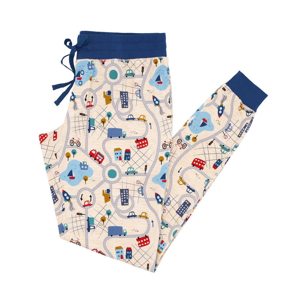 Click to see full screen - Flat lay image of Blue Road Trip women's pajama pants