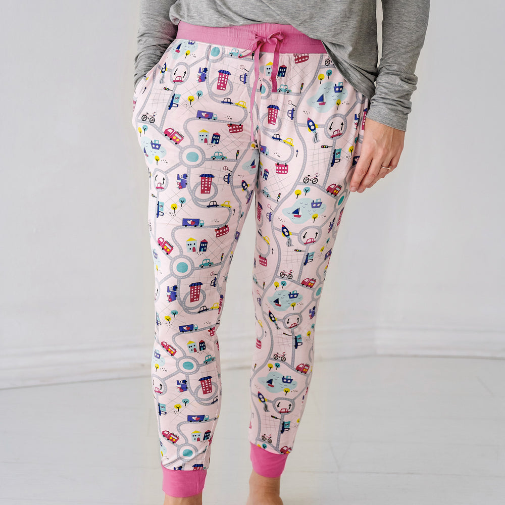 Click to see full screen - Woman wearing Rosy Road Trip women's pajama pants