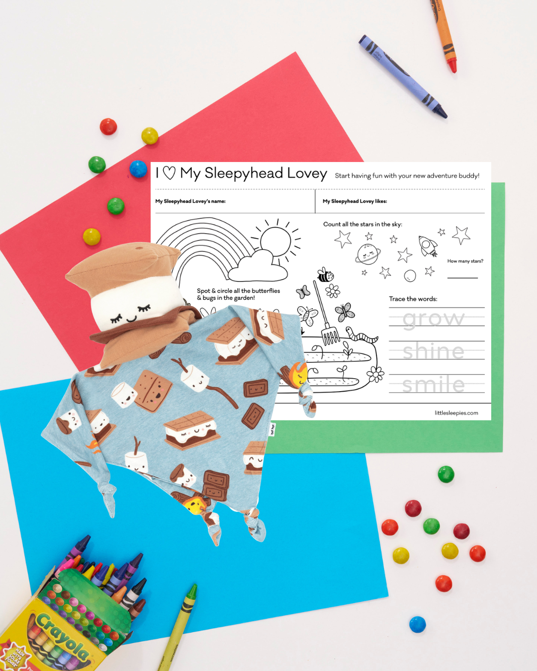 flat lay image of sweetie the S'more with a printable pdf