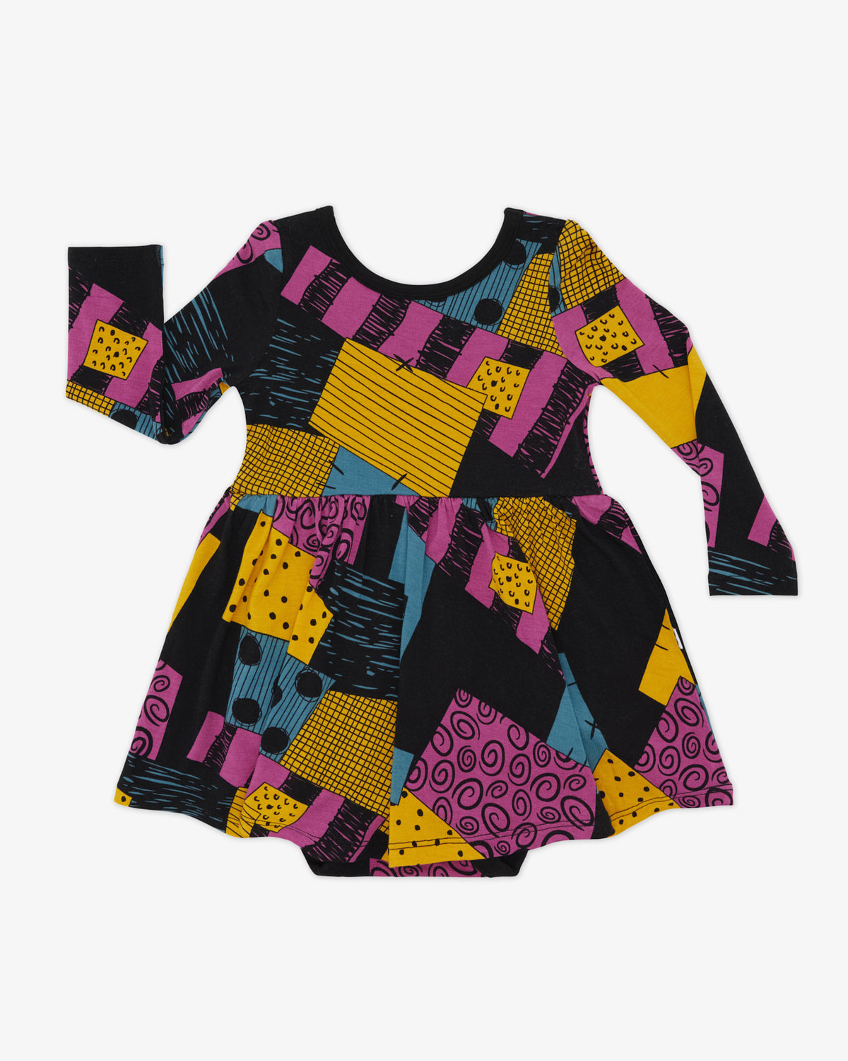 Flat lay of the Disney Sally's Patchwork Twirl Dress with Bodysuit