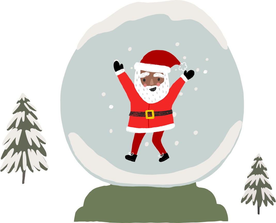 A festive illustrated Santa Claus figure inside a snow globe, with small snow-covered trees on both sides, on a plain white background.