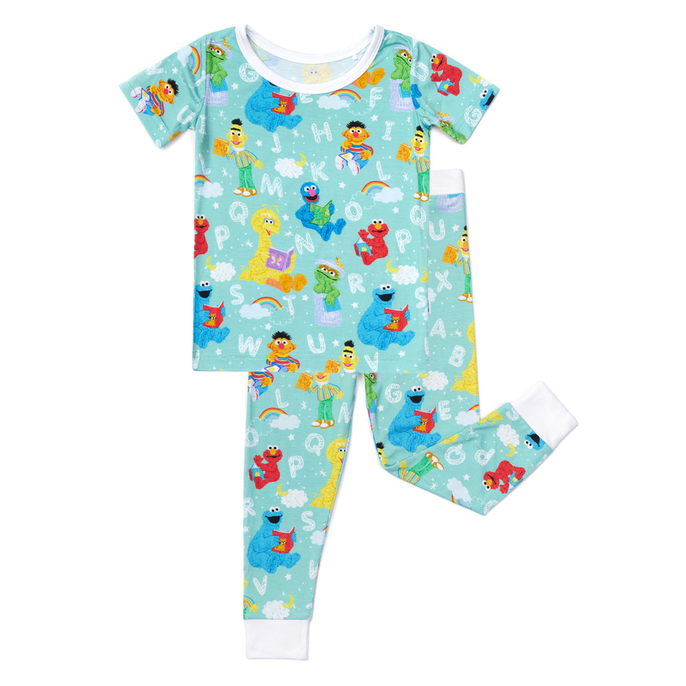 Flat lay image of a Spelling with Sesame Street two piece short sleeve pajama set