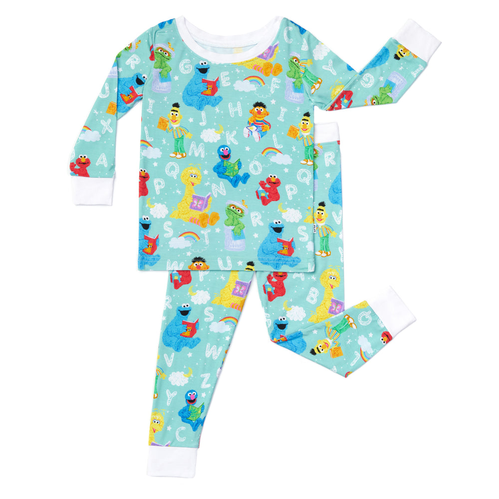 Flat lay image of a Spelling with Sesame Street two piece pajama set