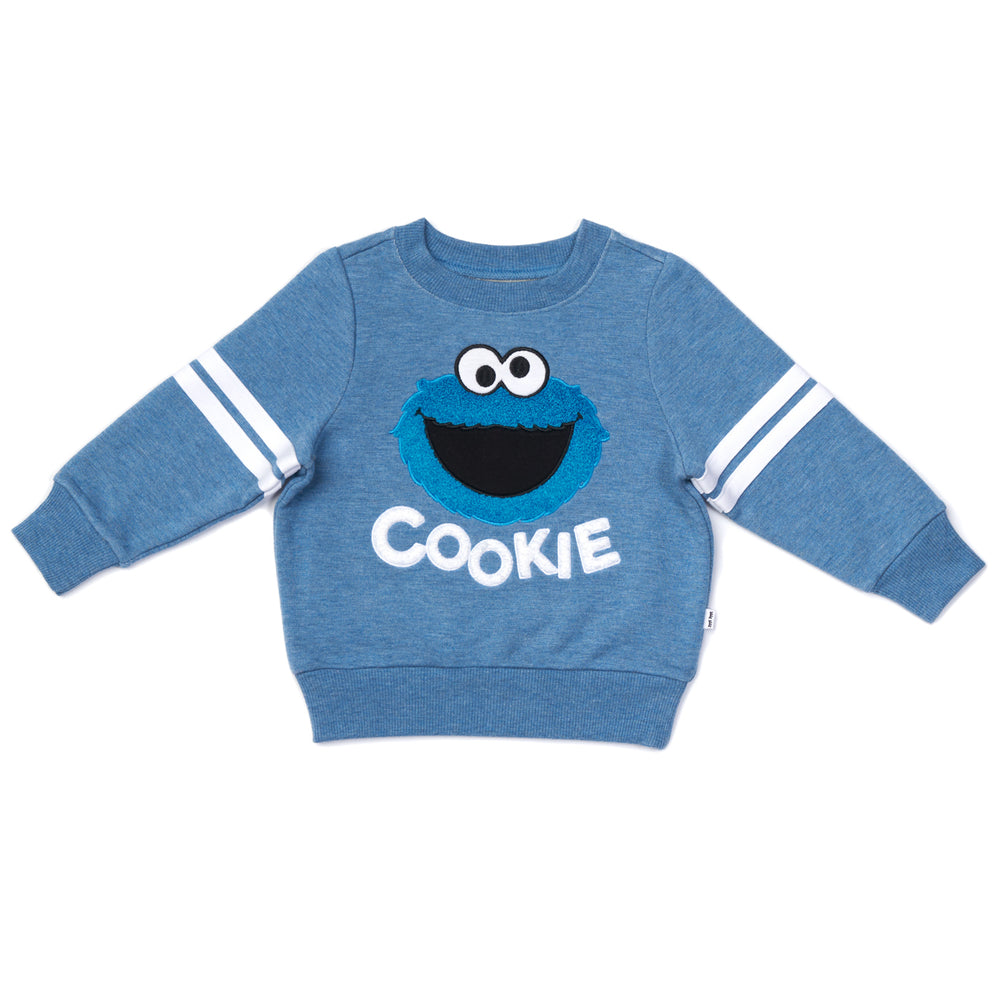 Flat lay image of a Sesame Street Cookie Monster crewneck sweatshirt