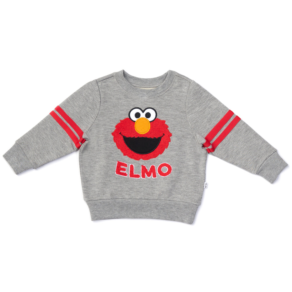 Flat lay image of a Sesame Street Elmo crewneck sweatshirt