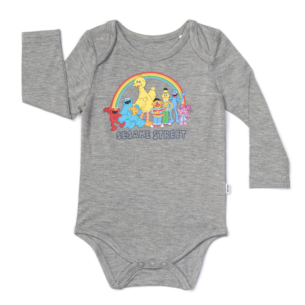 Flat lay image of a Spelling with Sesame Street gray graphic bodysuit