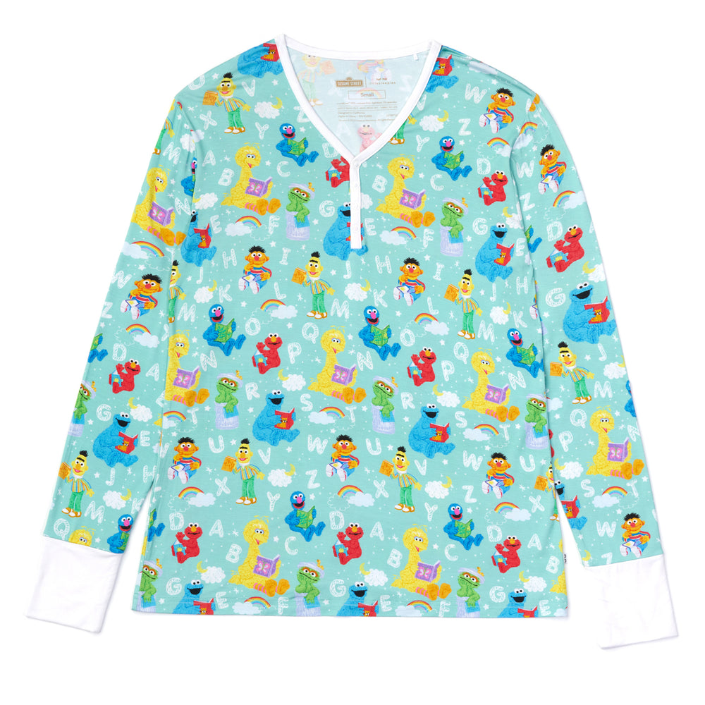 Flat lay image of a Spelling with Sesame Street women's pajama top
