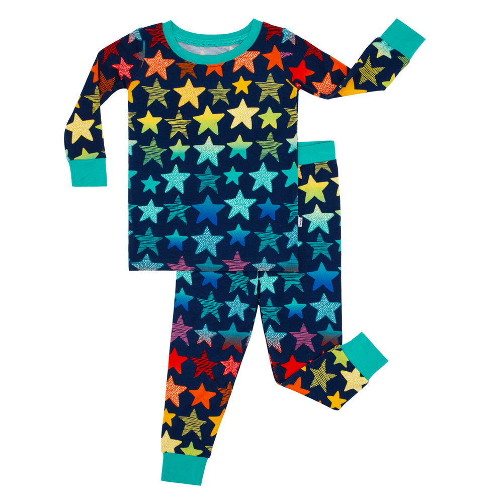 Click to see full screen - Flat lay image of a Shades of Stars two piece pajama set