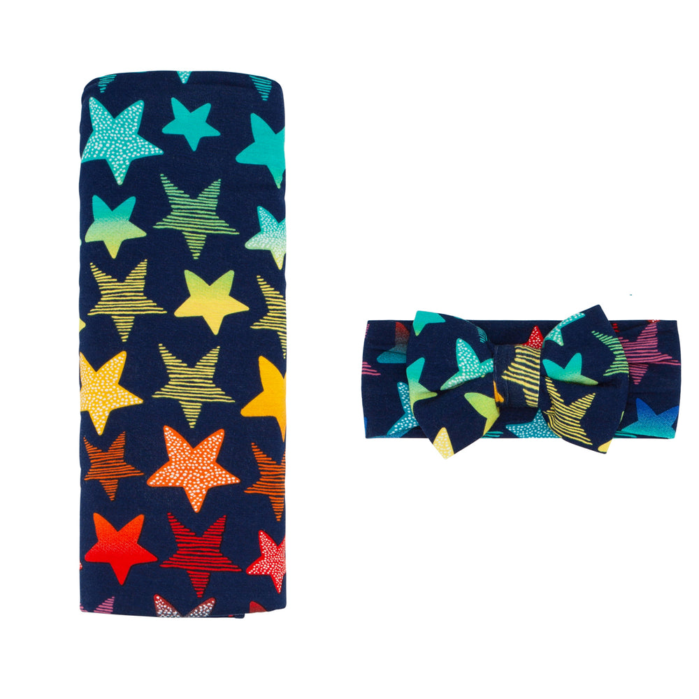 Click to see full screen - Flat lay image of Shades of Stars luxe bow headband set