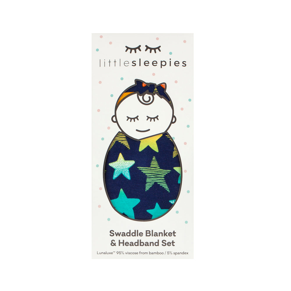 Click to see full screen - Shades of Stars luxe bow headband set in Little Sleepies peek a boo packaging 