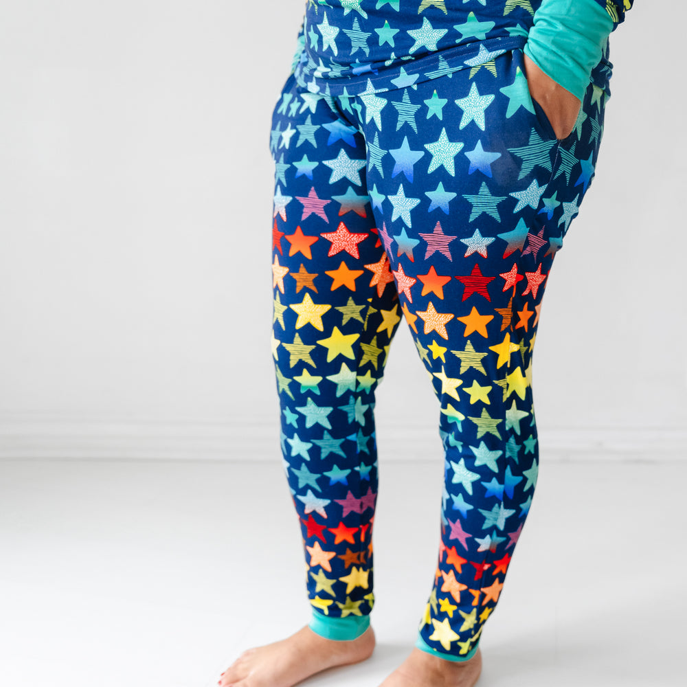 Profile view of a woman wearing Shades of Stars women's pajama pants