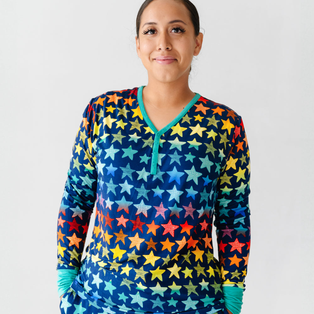 Click to see full screen - Woman wearing a Shades of Stars women's pajama top
