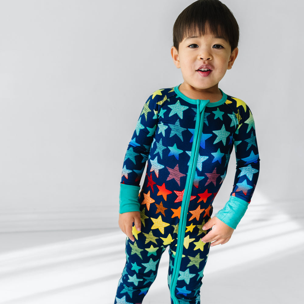 Click to see full screen - Close up of a child wearing a Shades of Stars zippy