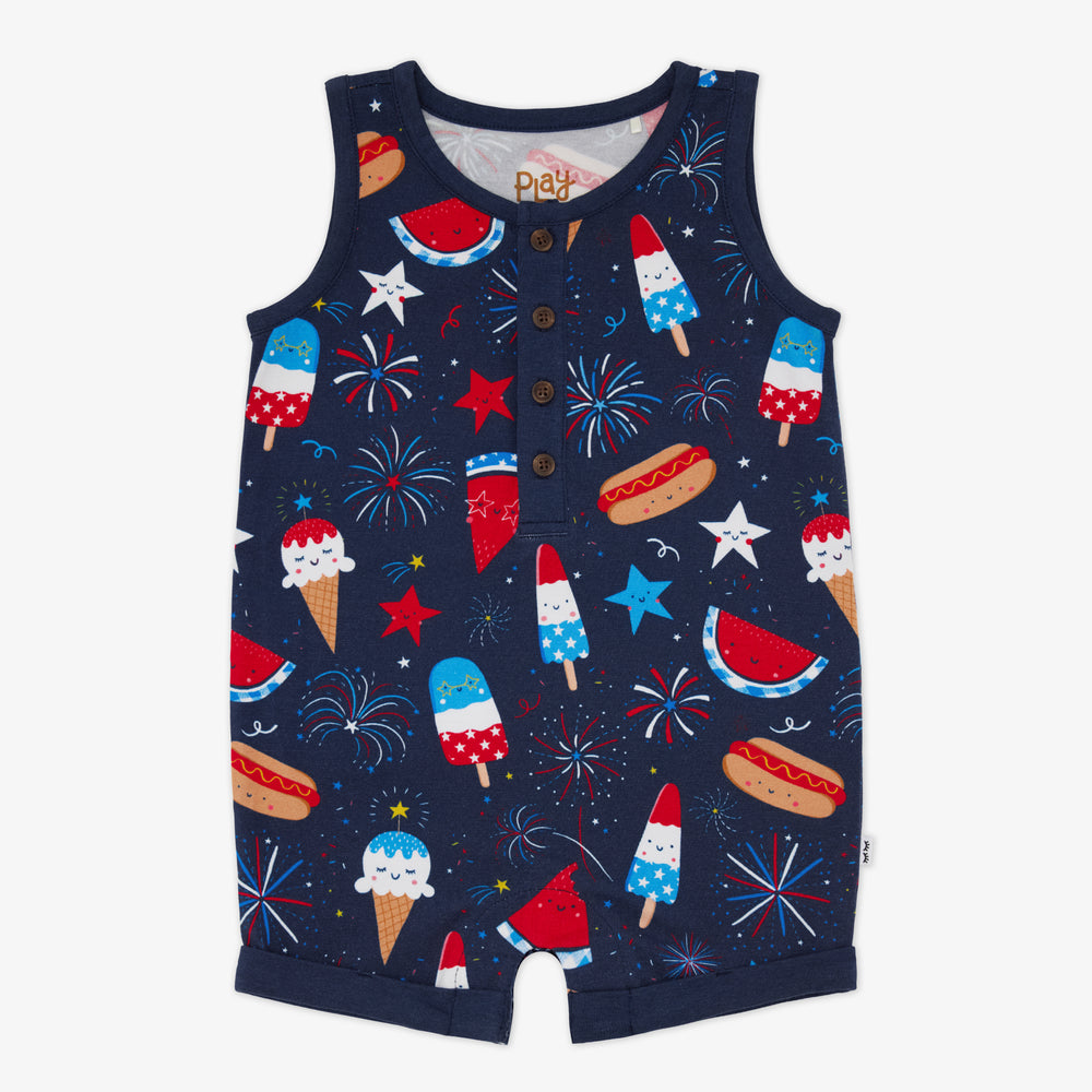 Flat lay of the Snacks & Sparkles Henley Tank Romper