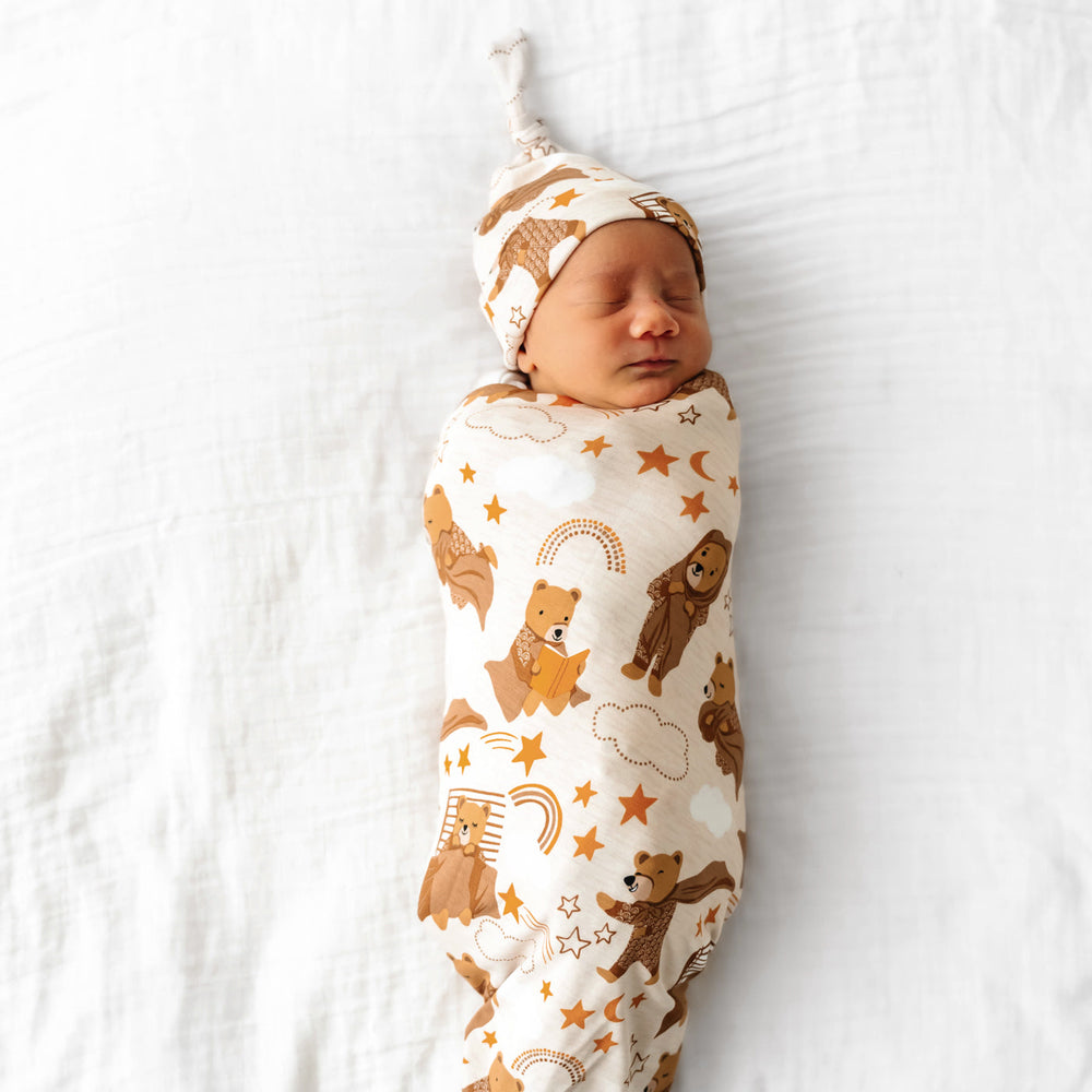Click to see full screen - SS/H - Beary Sleepy Bamboo Viscose Swaddle + Hat Set
