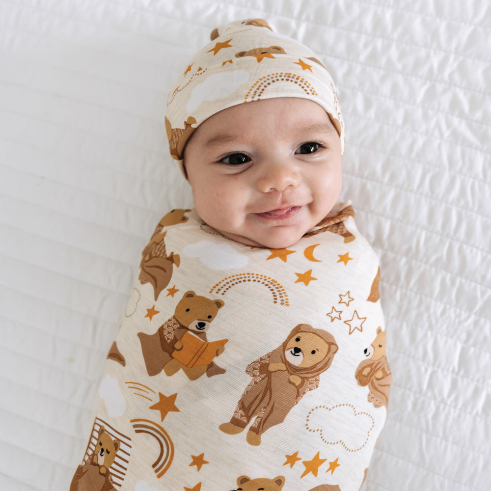 Click to see full screen - SS/H - Beary Sleepy Bamboo Viscose Swaddle + Hat Set