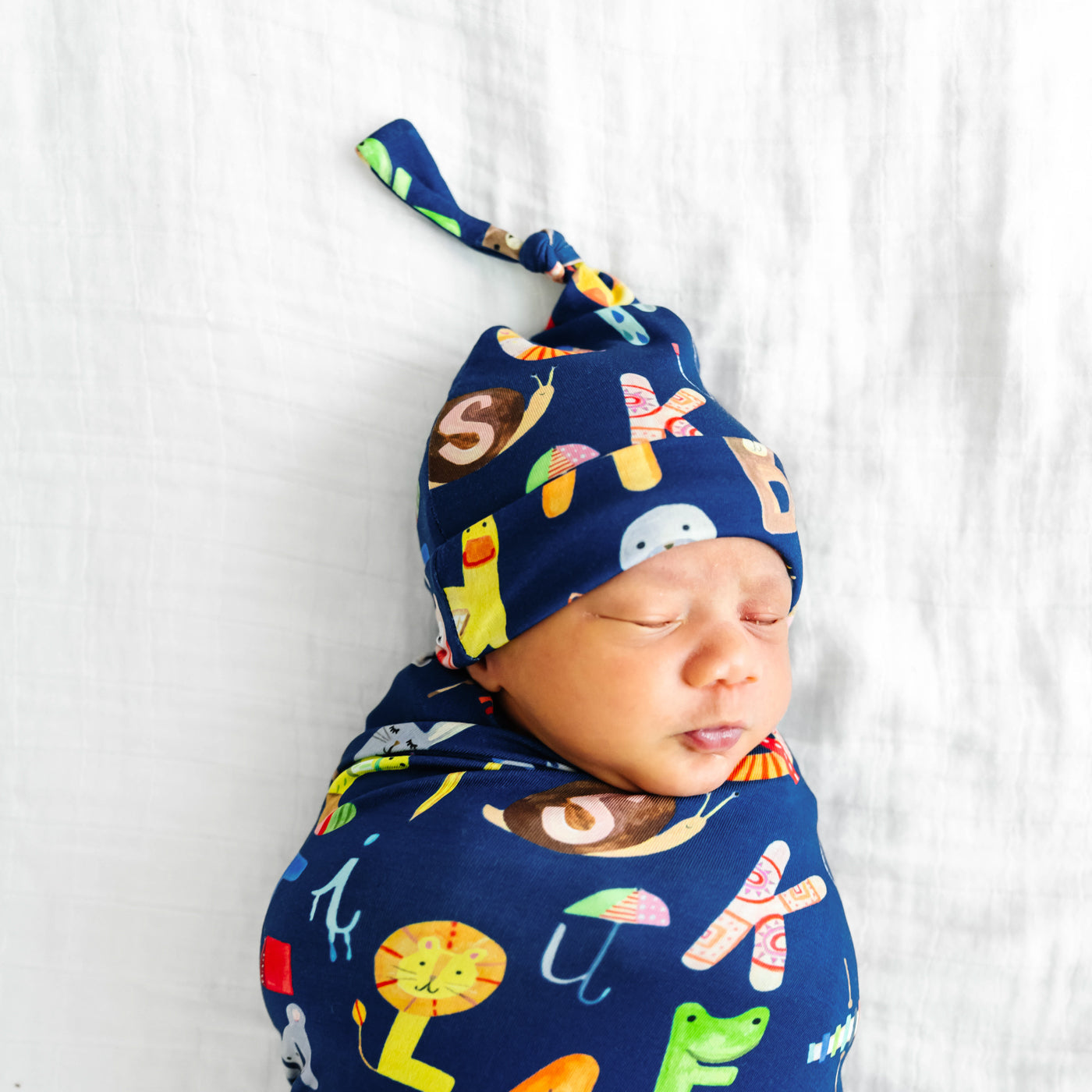 SS/H - Navy Alphabet Friends Swaddle & Hat Set