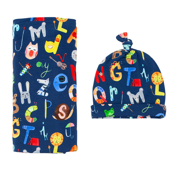 SS/H - Navy Alphabet Friends Swaddle & Hat Set