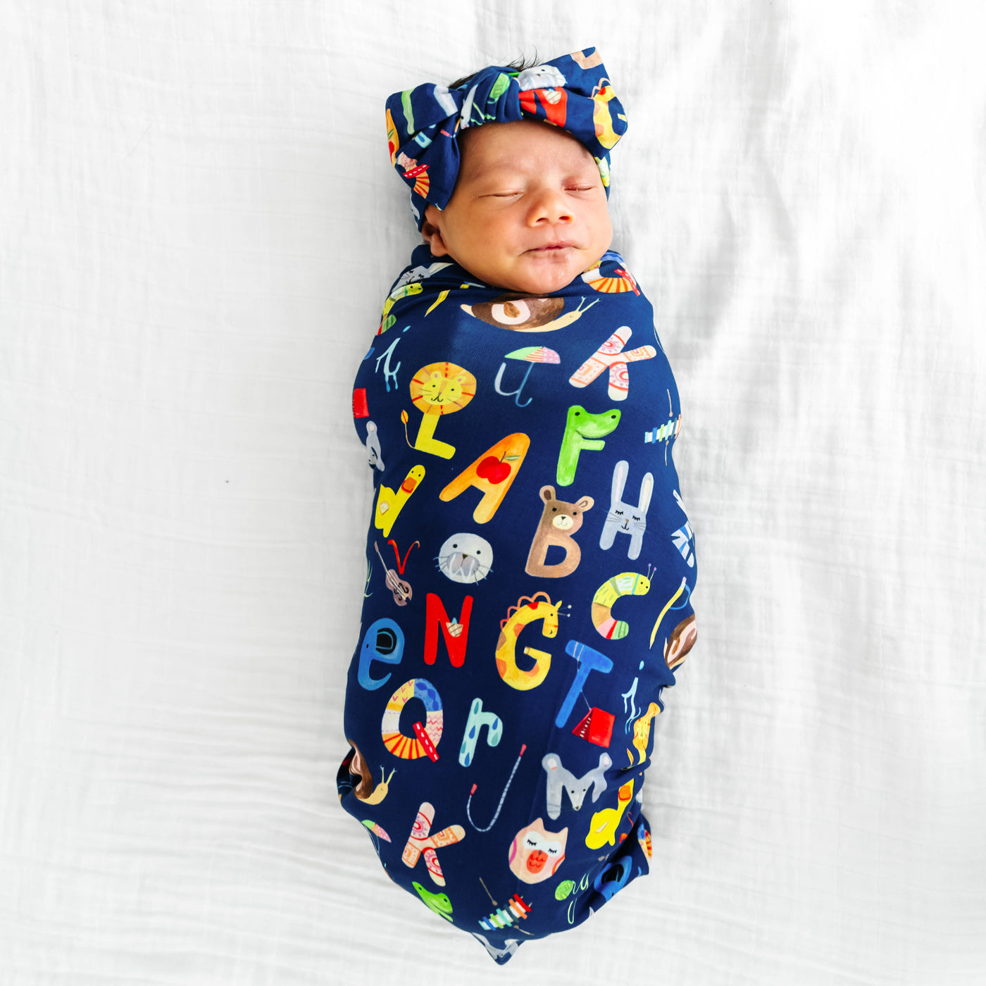 SS/HB - Navy Alphabet Friends Swaddle & Headband Set