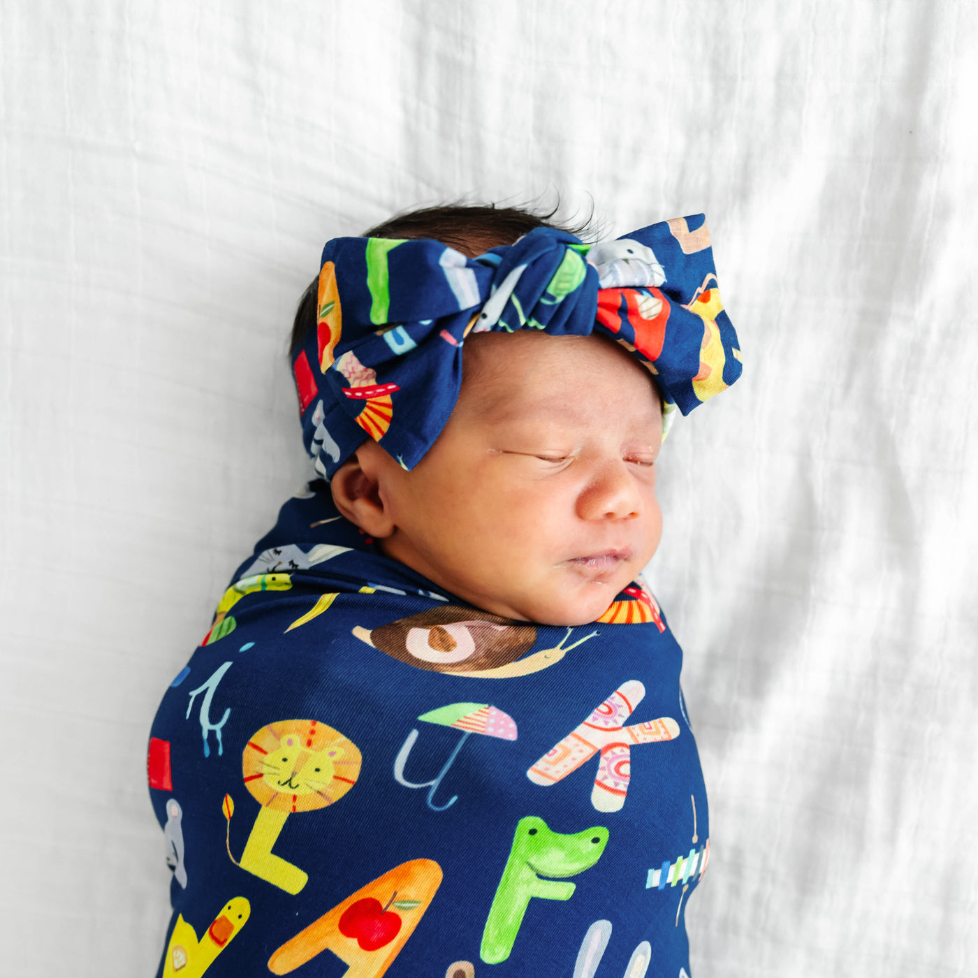 SS/HB - Navy Alphabet Friends Swaddle & Headband Set