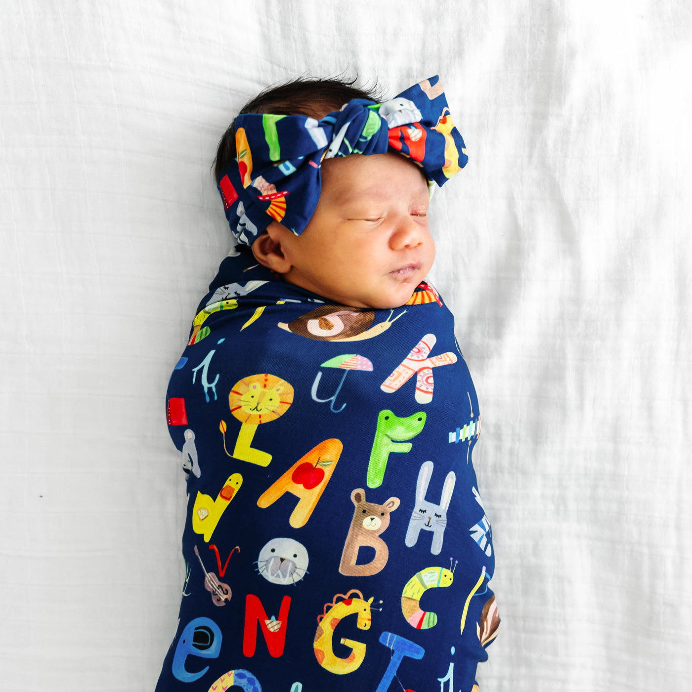 SS/HB - Navy Alphabet Friends Swaddle & Headband Set