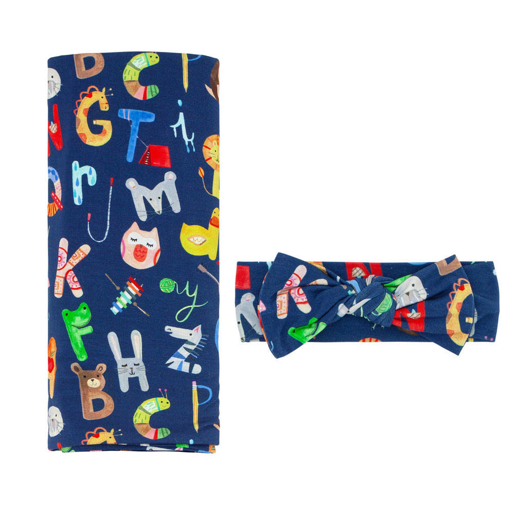 Click to see full screen - SS/HB - Navy Alphabet Friends Swaddle & Headband Set