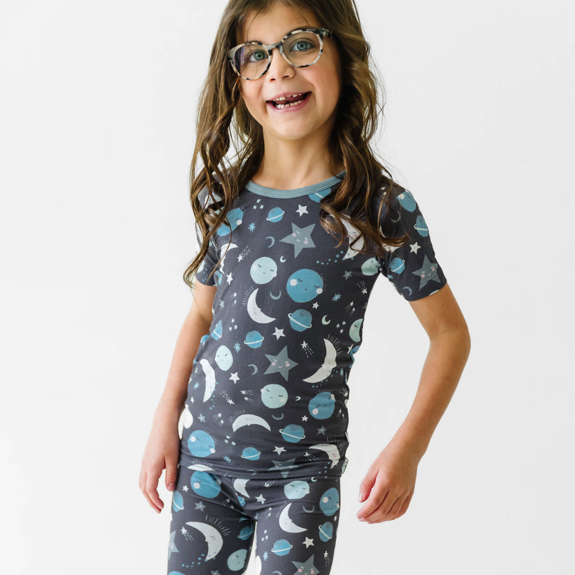 Blue To The Moon & Back Two-Piece Short Sleeve Pajama Set - Little Sleepies