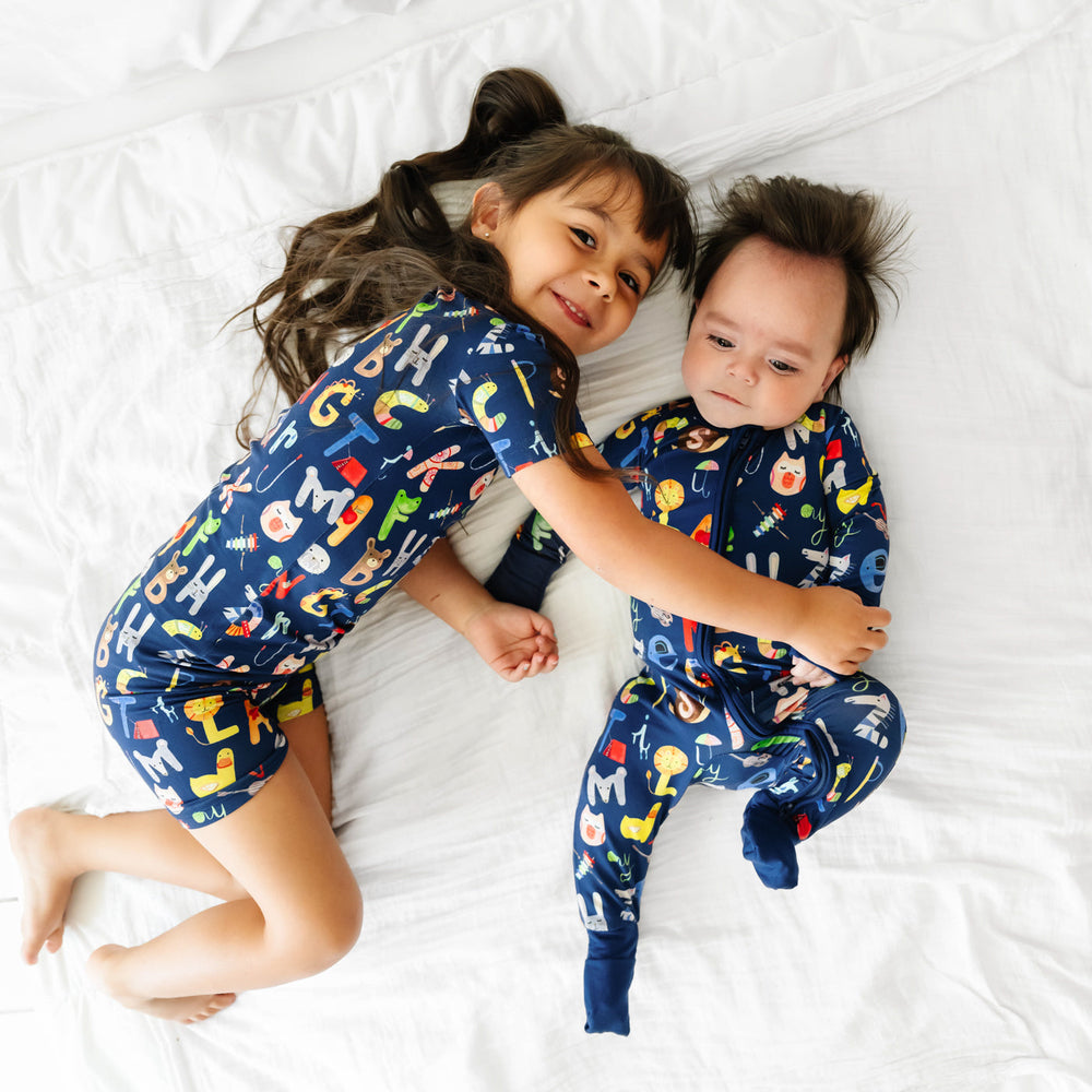 Click to see full screen - SS/S PJ Set - Navy Alphabet Friends Two-Piece Short Sleeve & Shorts Pajama Set