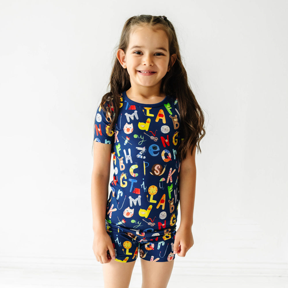 Click to see full screen - SS/S PJ Set - Navy Alphabet Friends Two-Piece Short Sleeve & Shorts Pajama Set