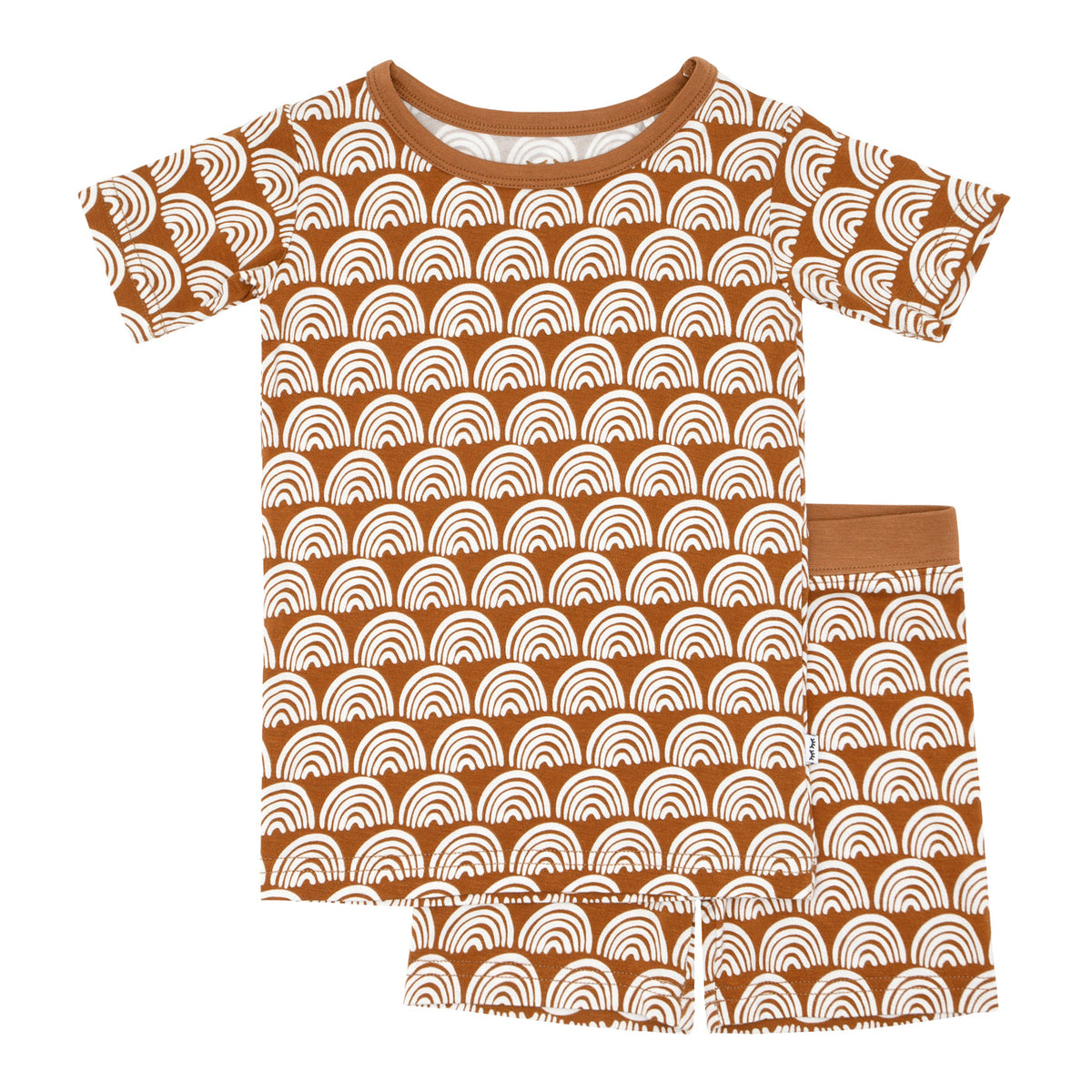 Flat lay of the Rust Rainbows Two-Piece Short Sleeve & Shorts Pajama Set