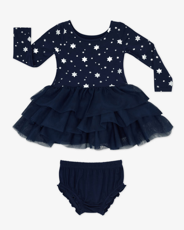 Flat lay of the Hanukkah Stars Tiered Tutu Dress with Bloomer