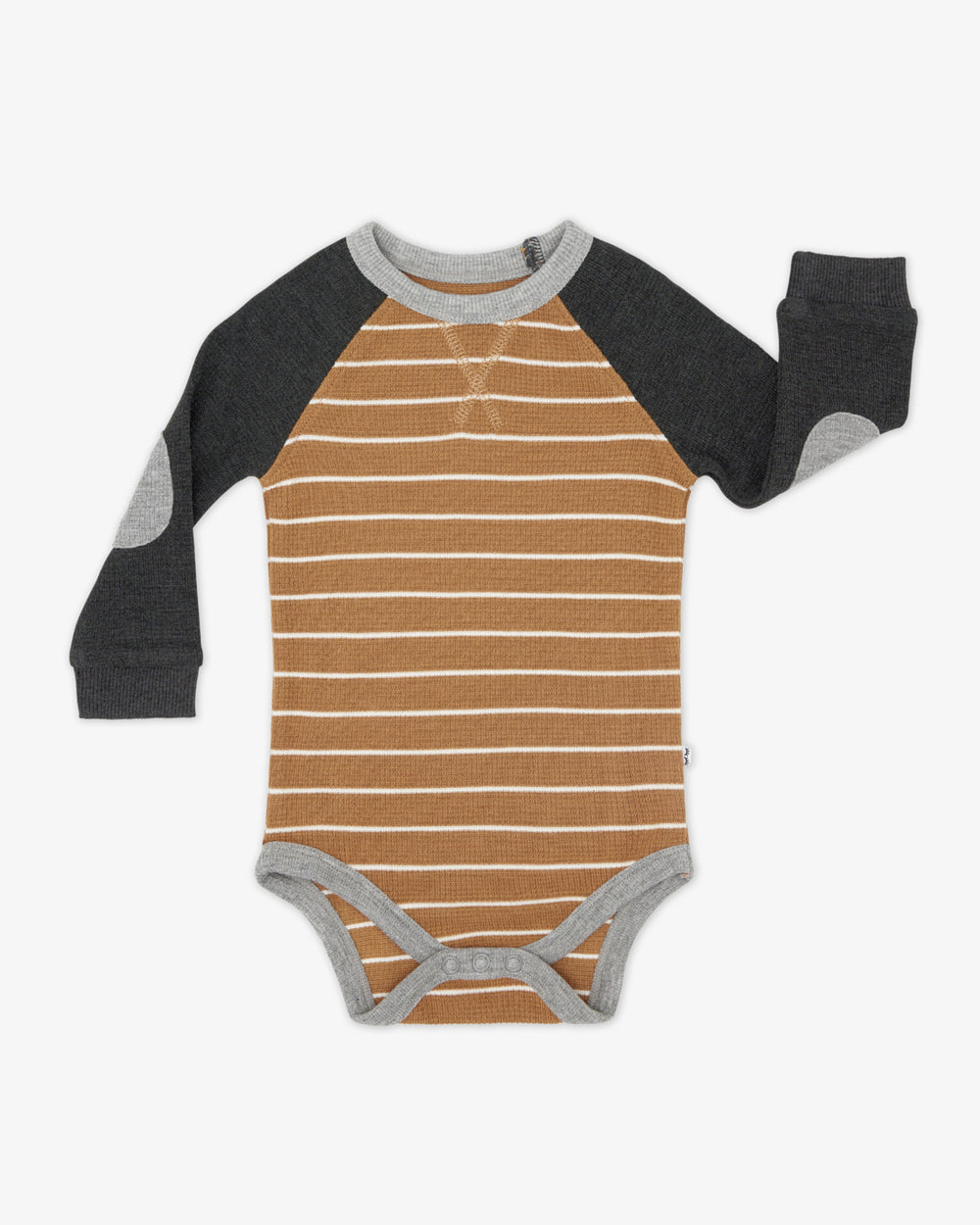 Flat lay of the Cider Stripe Waffle Raglan Bodysuit