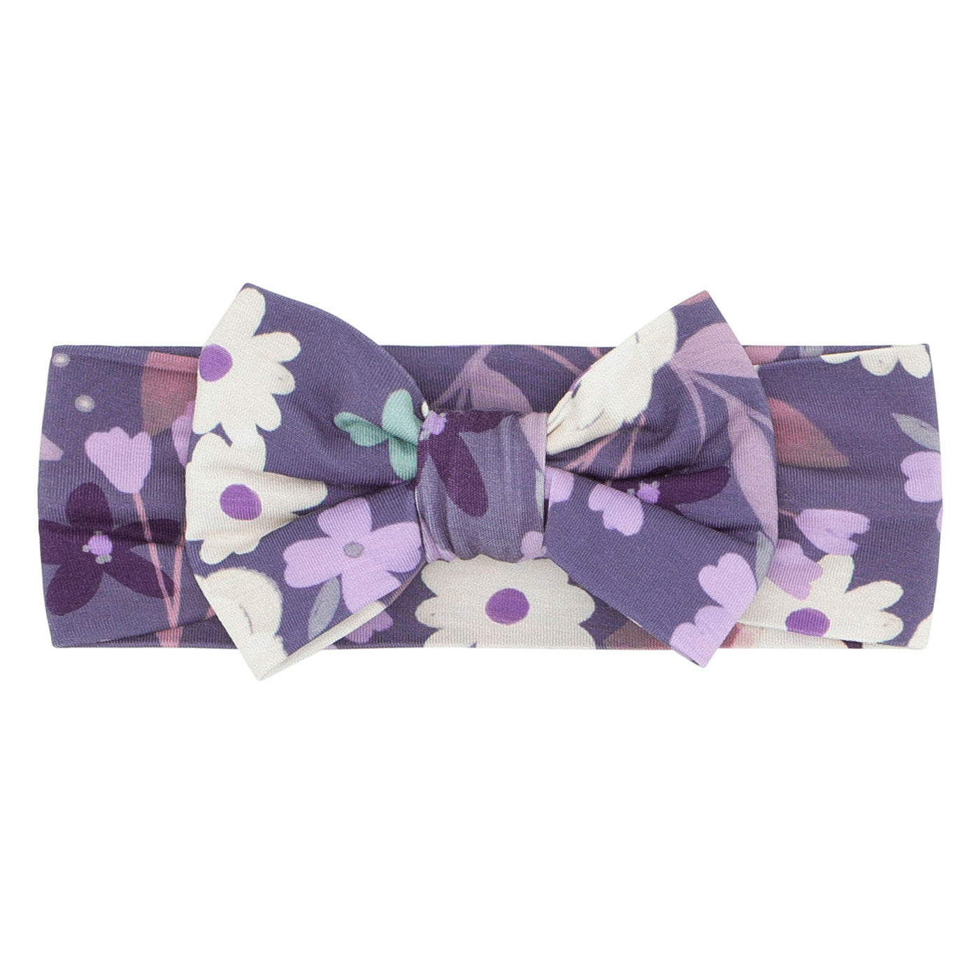 Flat lay image of a Sugar Plum Floral luxe bow headband in size newborn to age 3