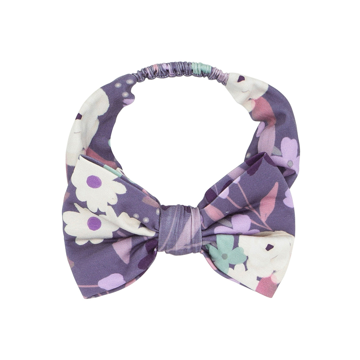 Flat lay image of a Sugar Plum Floral luxe bow headband in size age 4 to age 8