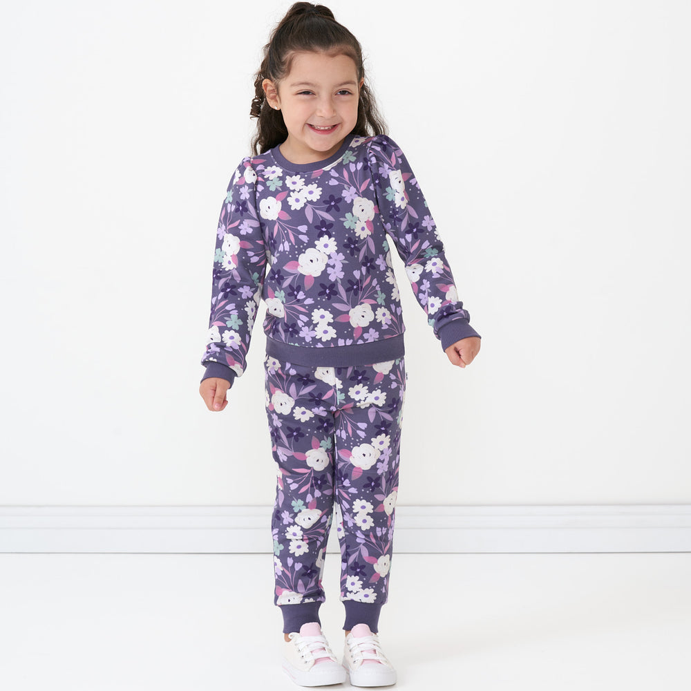 alternate image of a child wearing a Sugar Plum Floral puff sleeve crewneck paired with matching joggers