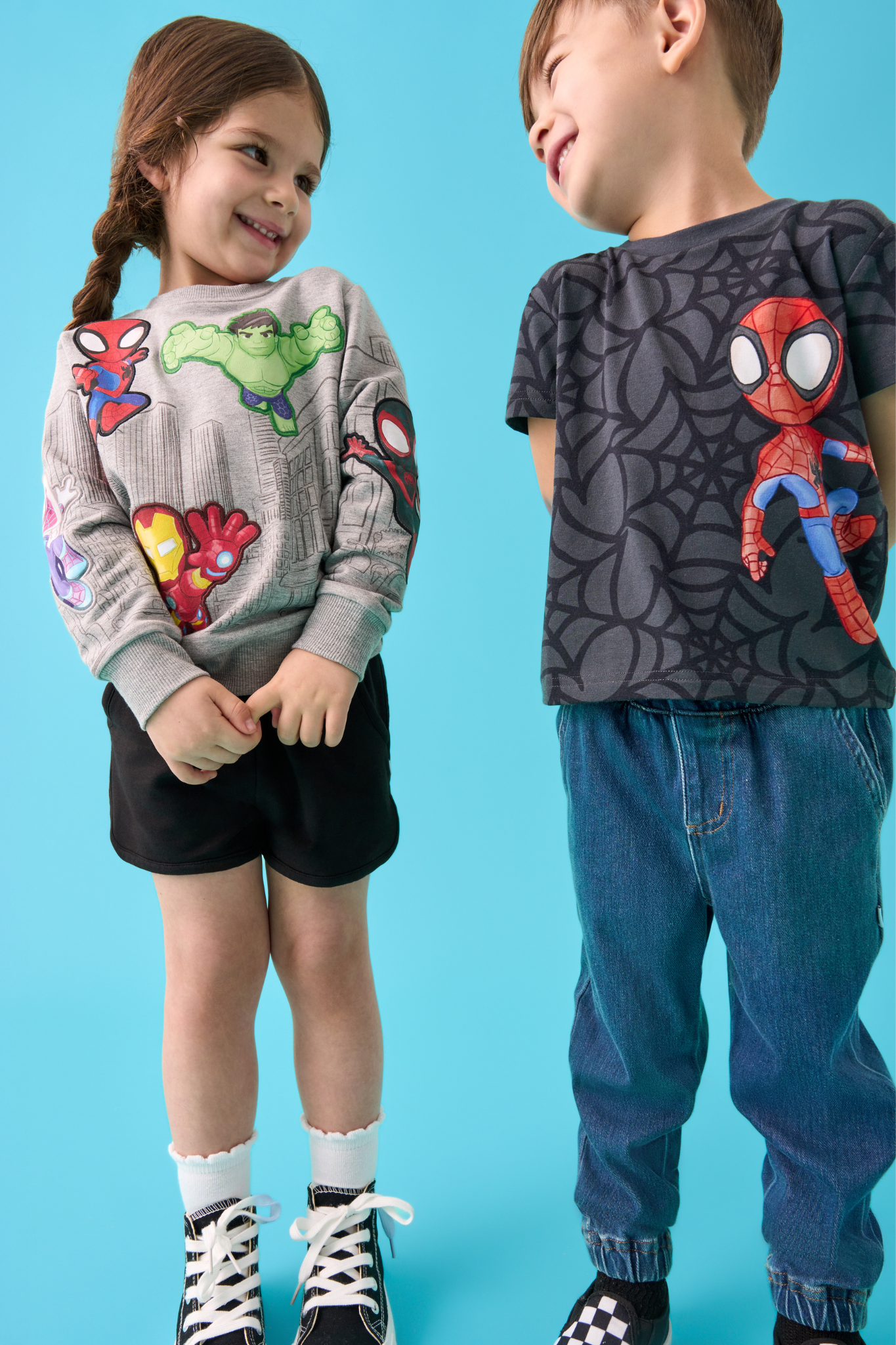 Two children wearing Spidey & His Amazing Friends clothes