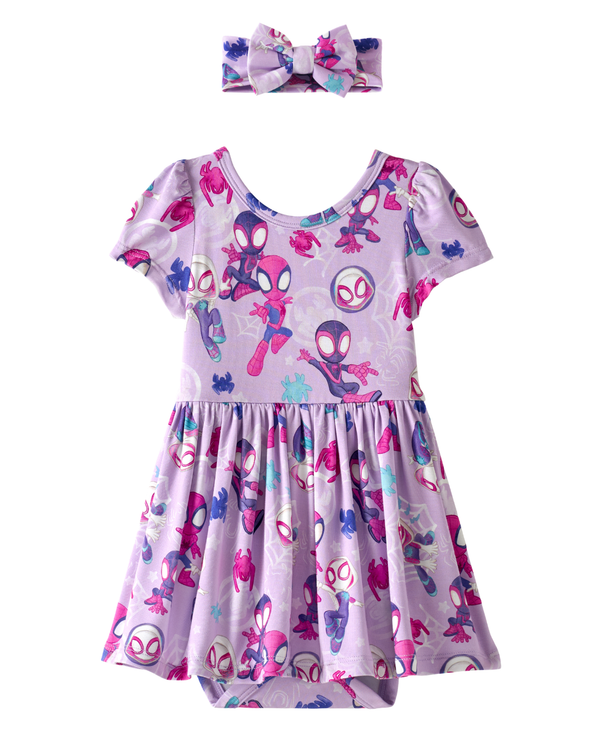 Tiny Webs Skater Dress with Bodysuit and Luxe Bow Headband