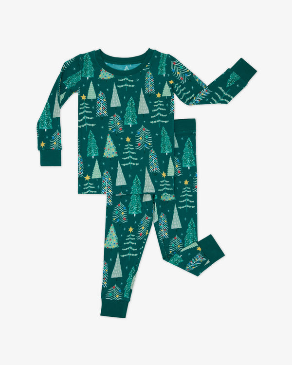 Flat lay of the Twinkling Trees Two-Piece Pajama Set