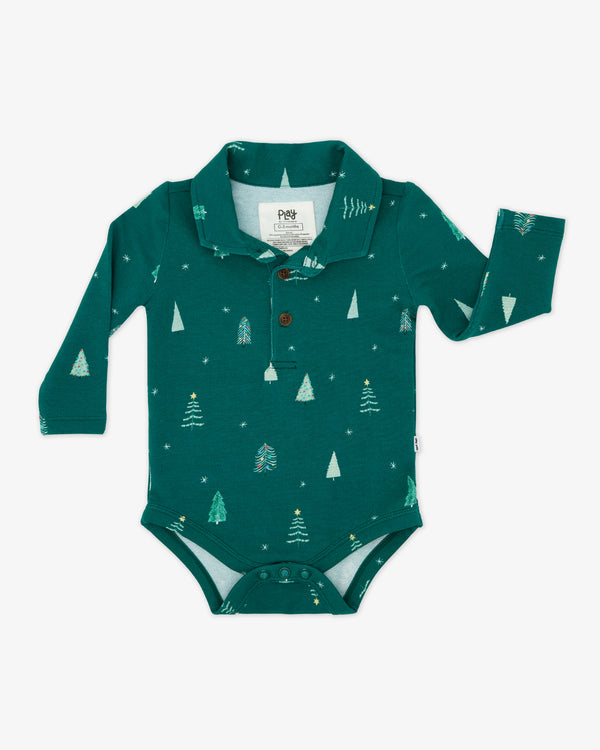 Flat lay of the Twinkling Trees Polo Bodysuit