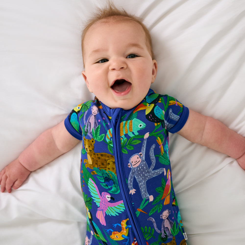 Aerial view of child wearing the Treetop Tails Shorty Zippy