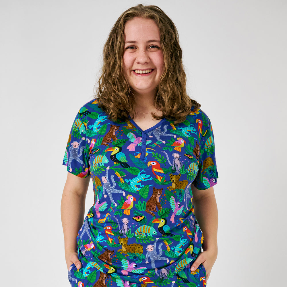 Close up of woman wearing the Treetop Tails Women's Short Sleeve Pajama Top