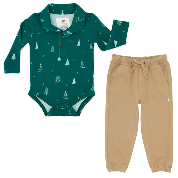 Twinkling Trees Polo Bodysuit and Toasted Hazelnut Denim Jogger