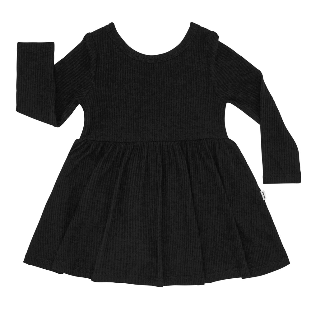 Flat lay image of a Black ribbed twirl dress with bodysuit