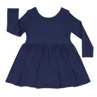 Flat lay image of a Classic Navy ribbed twirl dress with bodysuit