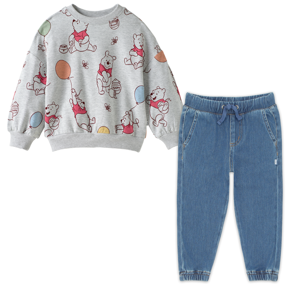 Up, Up And Away Drop Shoulder Crewneck and Midwash Blue Denim Jogger