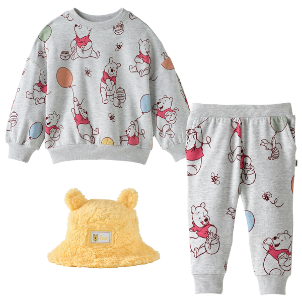 Up, Up And Away Drop Shoulder Crewneck, Up, Up And Away Jogger, and Winnie The Pooh Sherpa Bucket Hat